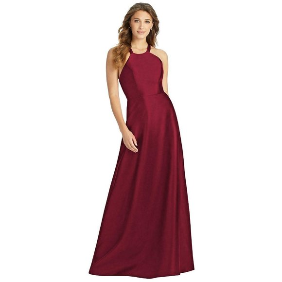 New Alfred Sung Satin Twill Women's 2 Burgundy Halter Lace Up A-Line Maxi Dress